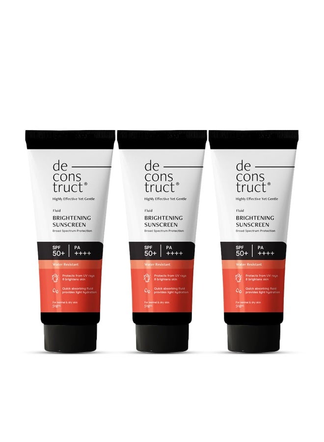 Deconstruct Dry Skin Brightening Fluid Sunscreen SPF 50+ with Niacinamide | Lightweight, Hydrating & Dewy | UVA/UVB Protection | 8-Hour Wear, Water-Resistant, No White Cast | 50g | Pack of 3 - Image 1